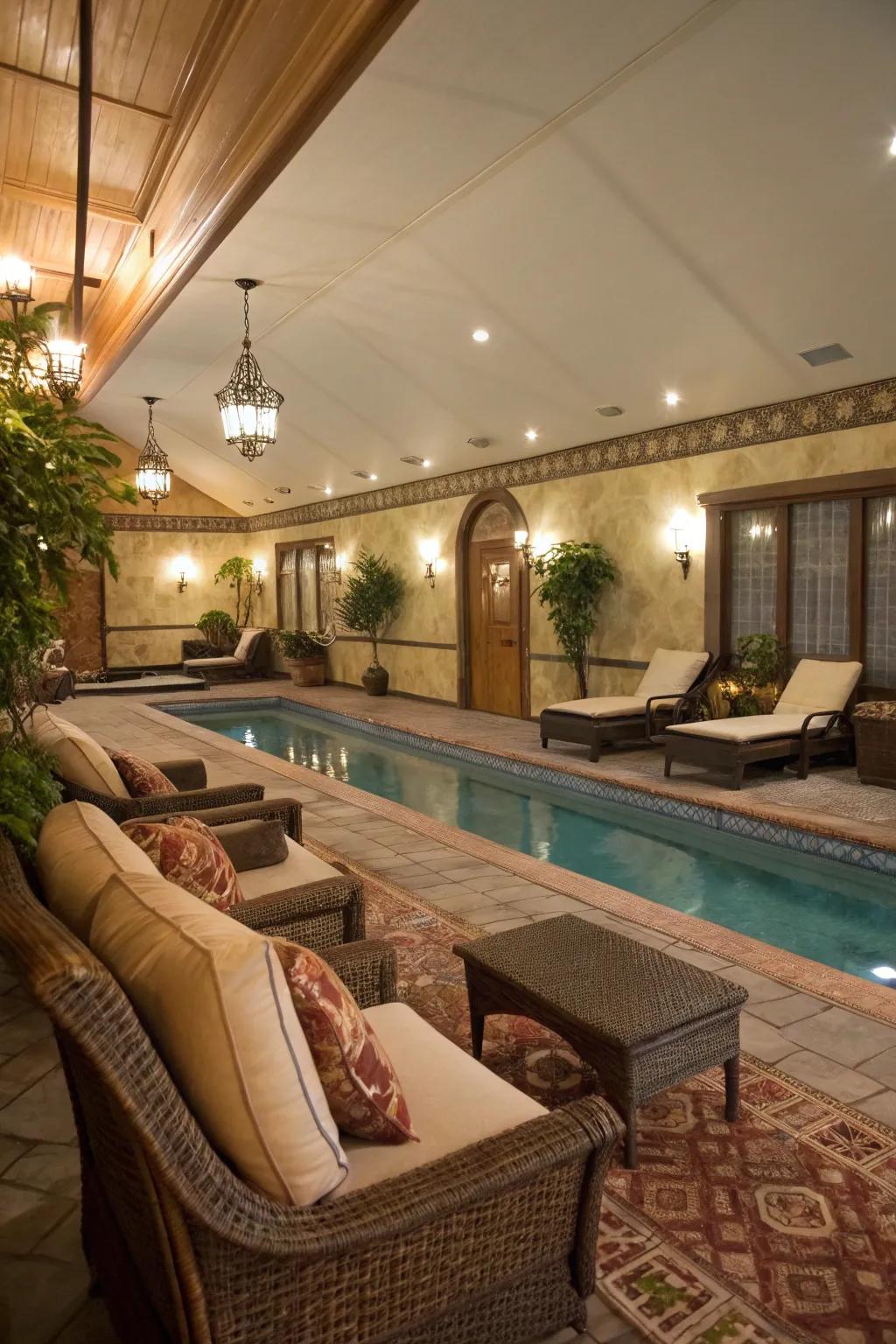 Plush seating perfect for relaxation in your pool house.