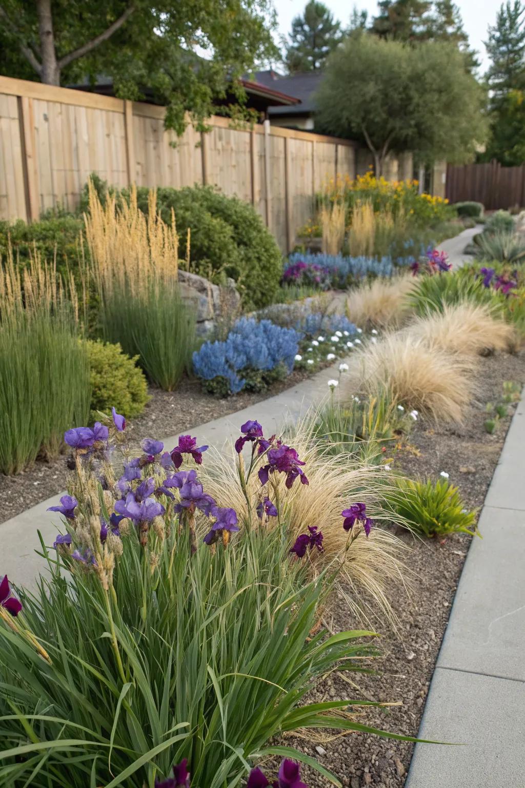 Irises paired with complementary plants for added texture.