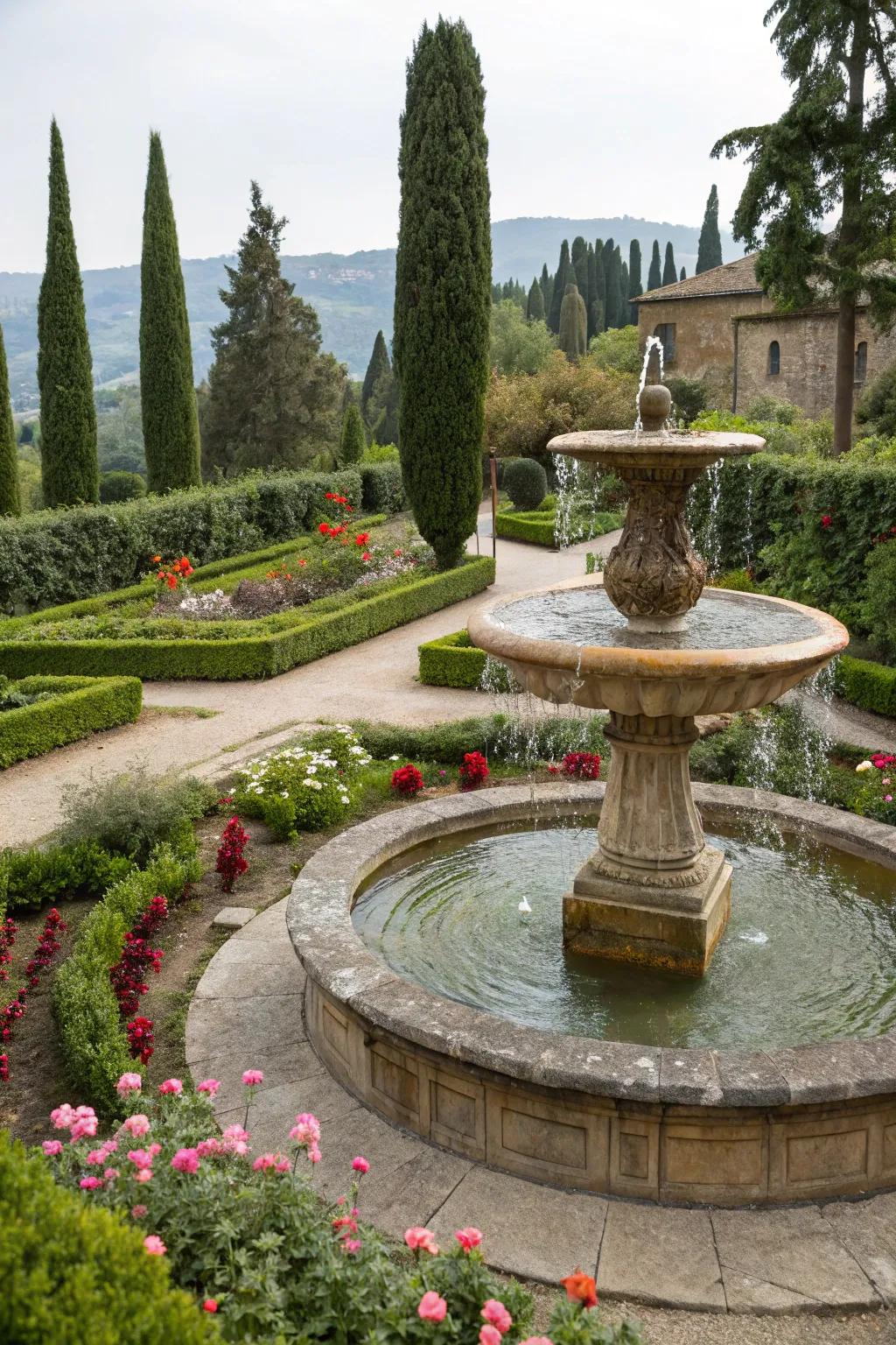 A stone fountain adds elegance and tranquility to your garden.