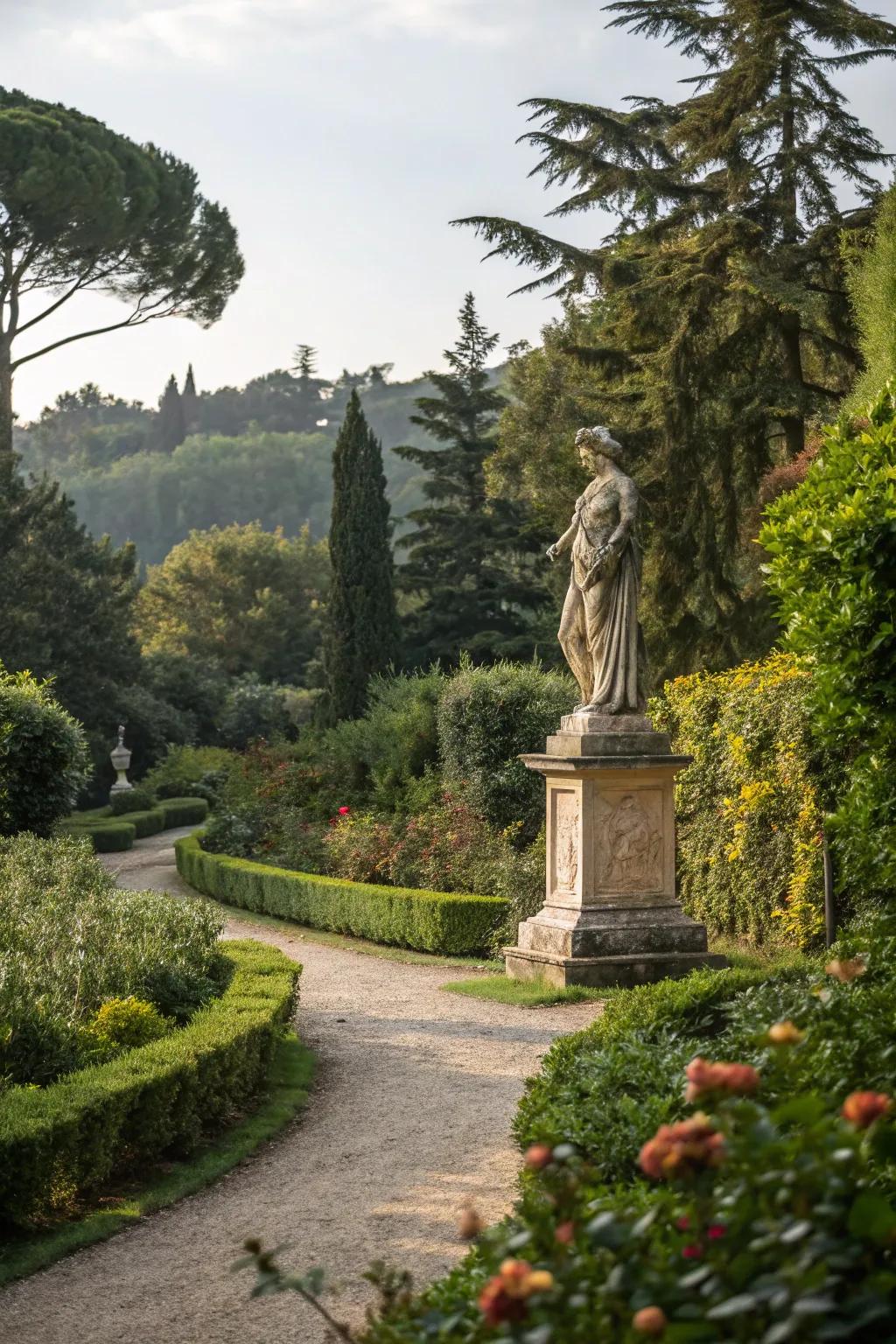 A classical sculpture adding elegance to an Italian garden.