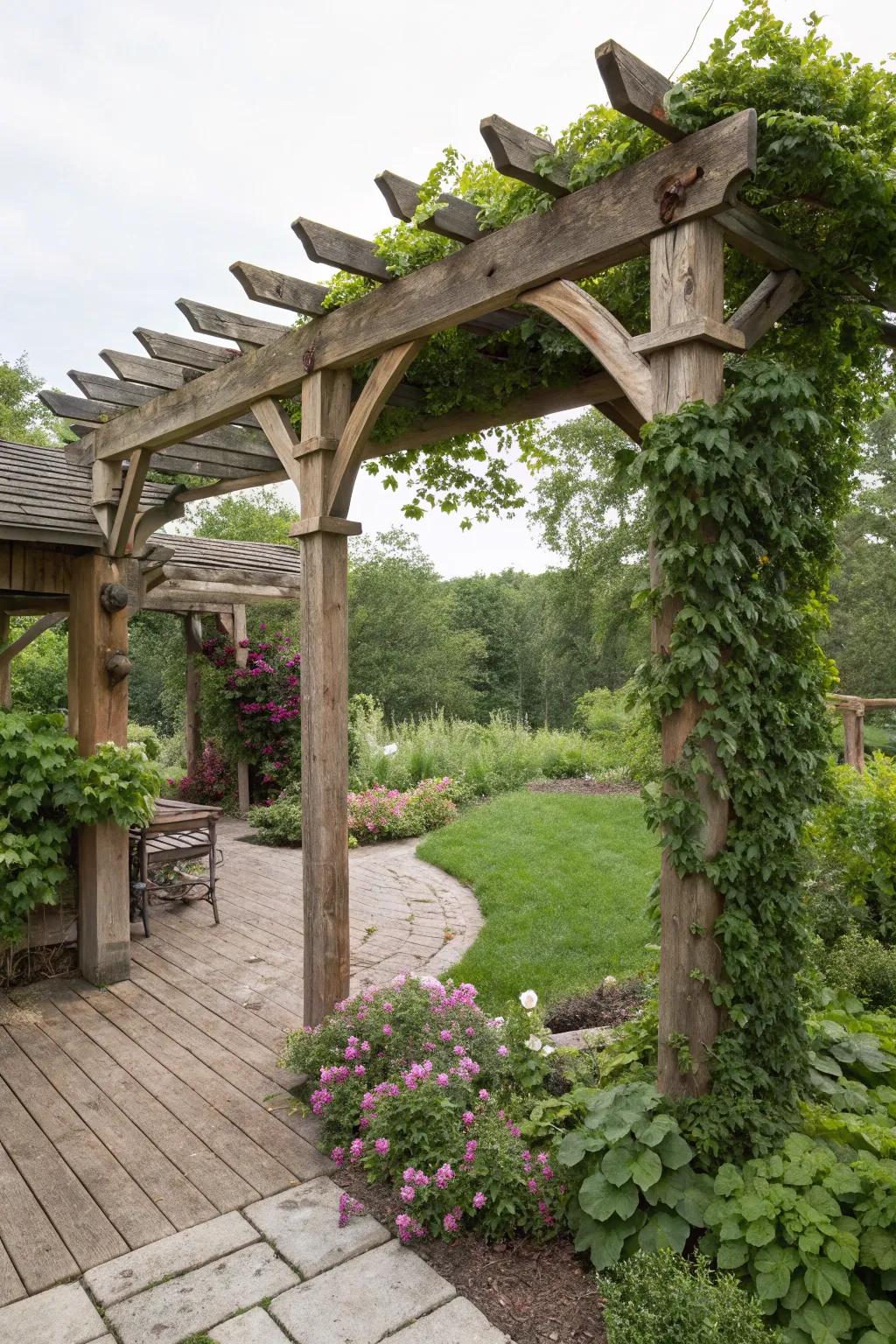 A rustic wooden pergola, perfect for adding warmth to an outdoor space.