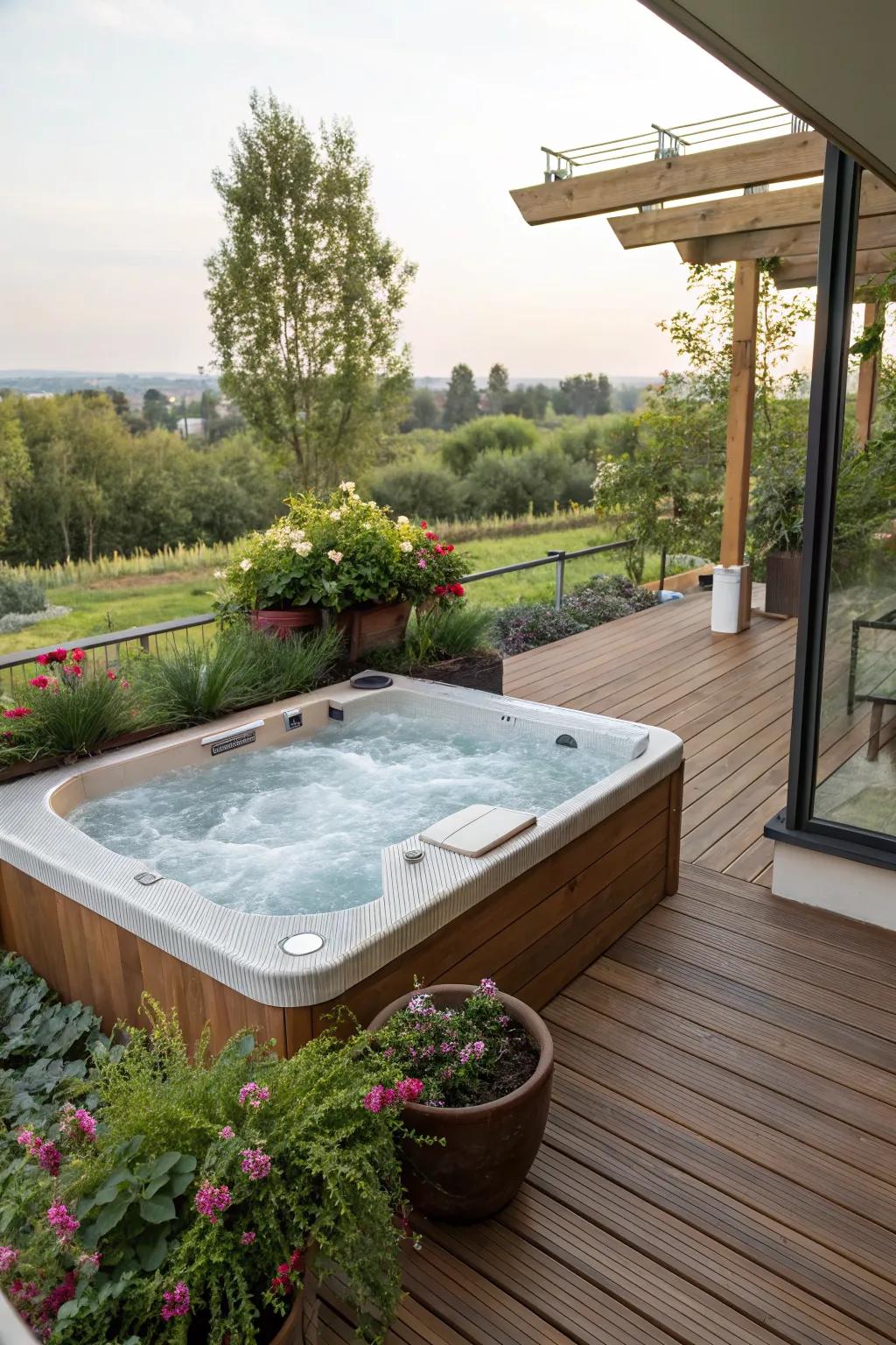 A chic jacuzzi set on a wooden deck overlooking the garden
