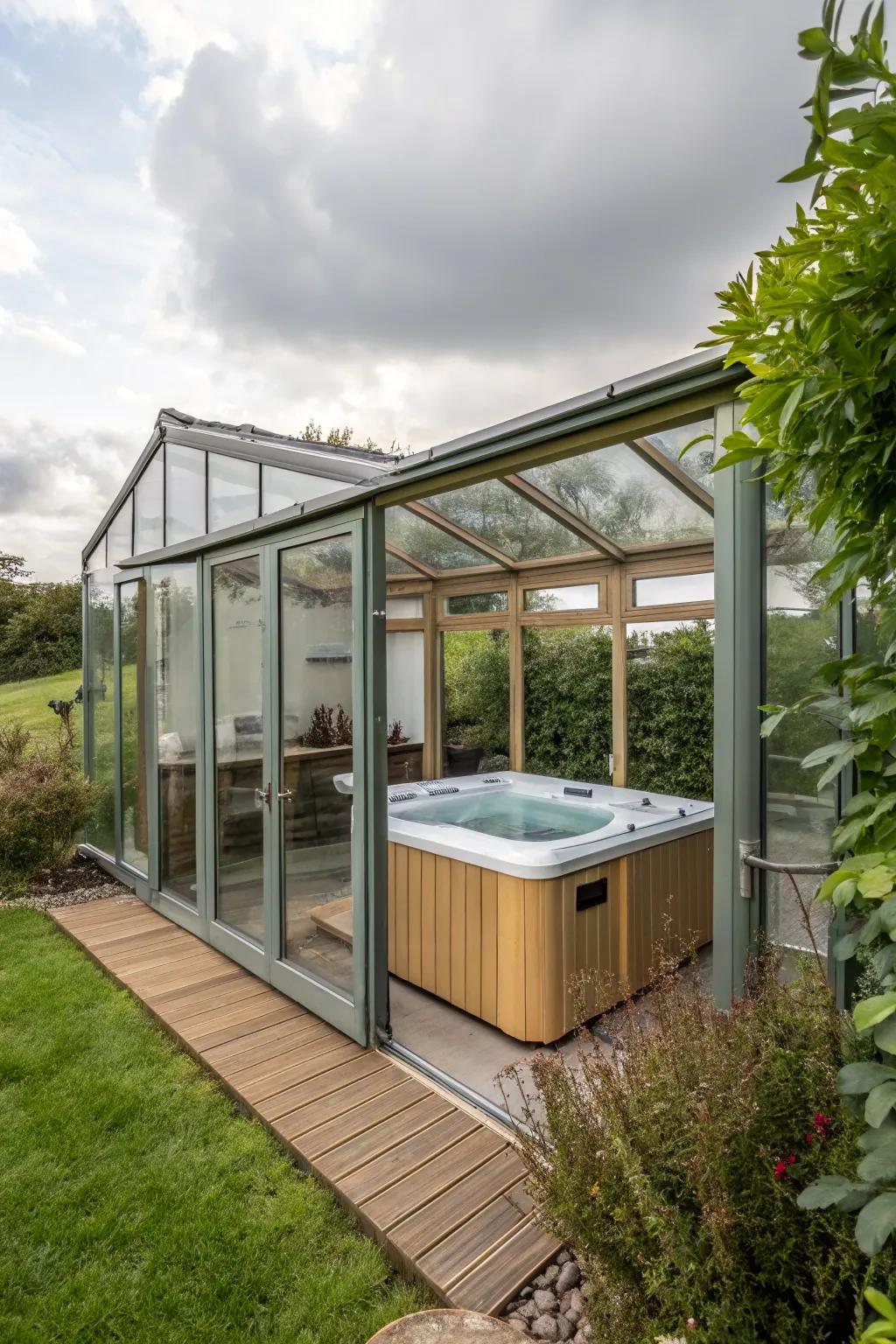 A glass-encased oasis blending indoor comfort with outdoor beauty.