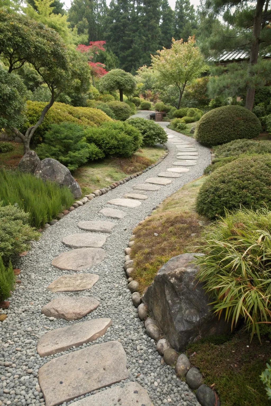 Pebbles and gravel create serene pathways in this tranquil garden.
