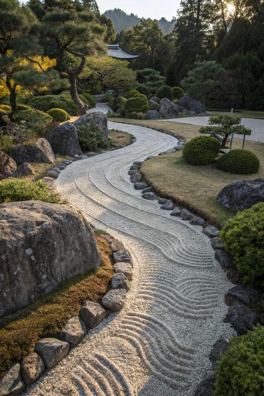 Meticulously raked gravel path in a Japanese garden, creating tranquil wave patterns.