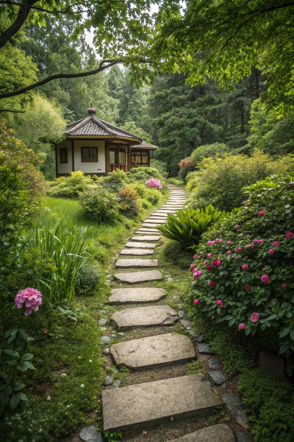A stone pathway invites exploration and adds charm to your garden.