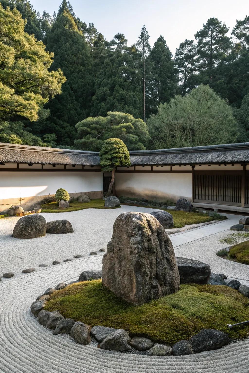 Stones create a focal point, adding depth to the garden.