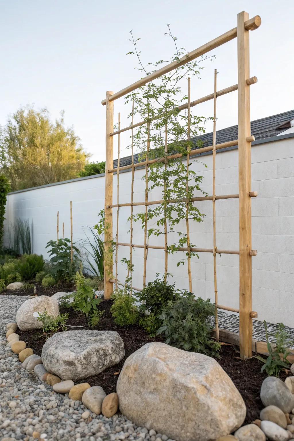 A minimalist bamboo trellis adds a modern touch to any garden space.