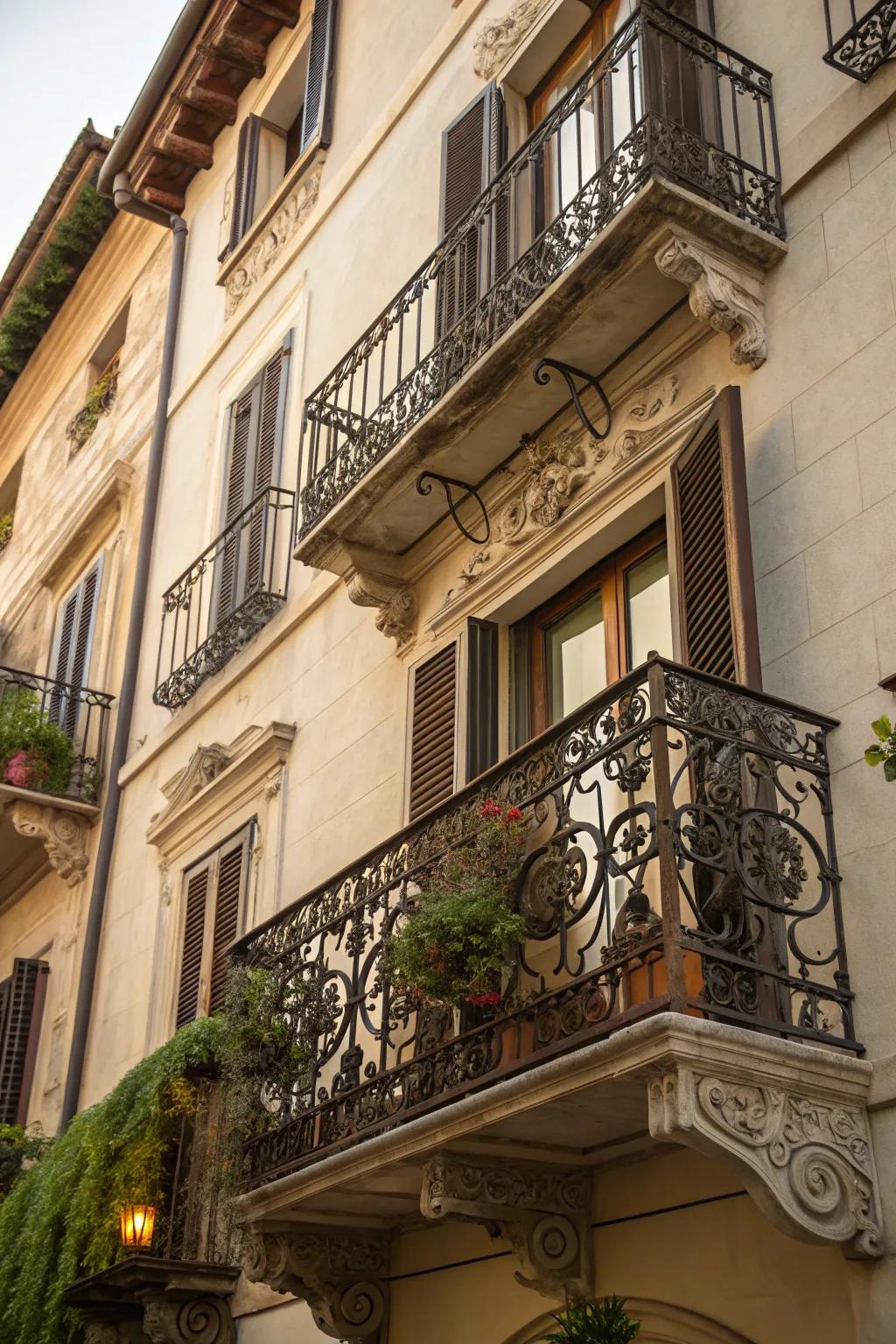 A classic Juliet balcony with ornate wrought iron railings.