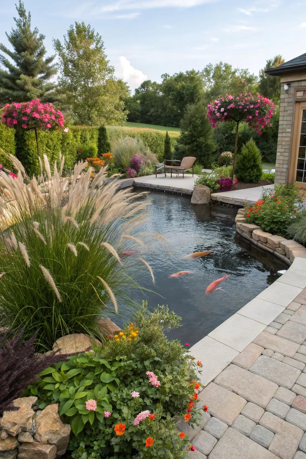 A vibrant mix of plants enhancing the beauty of a koi pond.