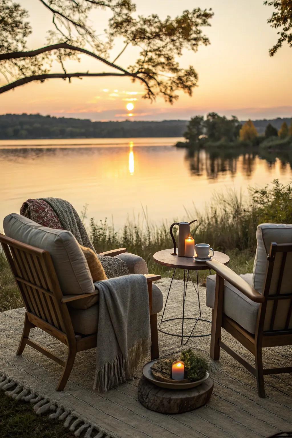 A cozy seating area with a stunning lake view at sunset.