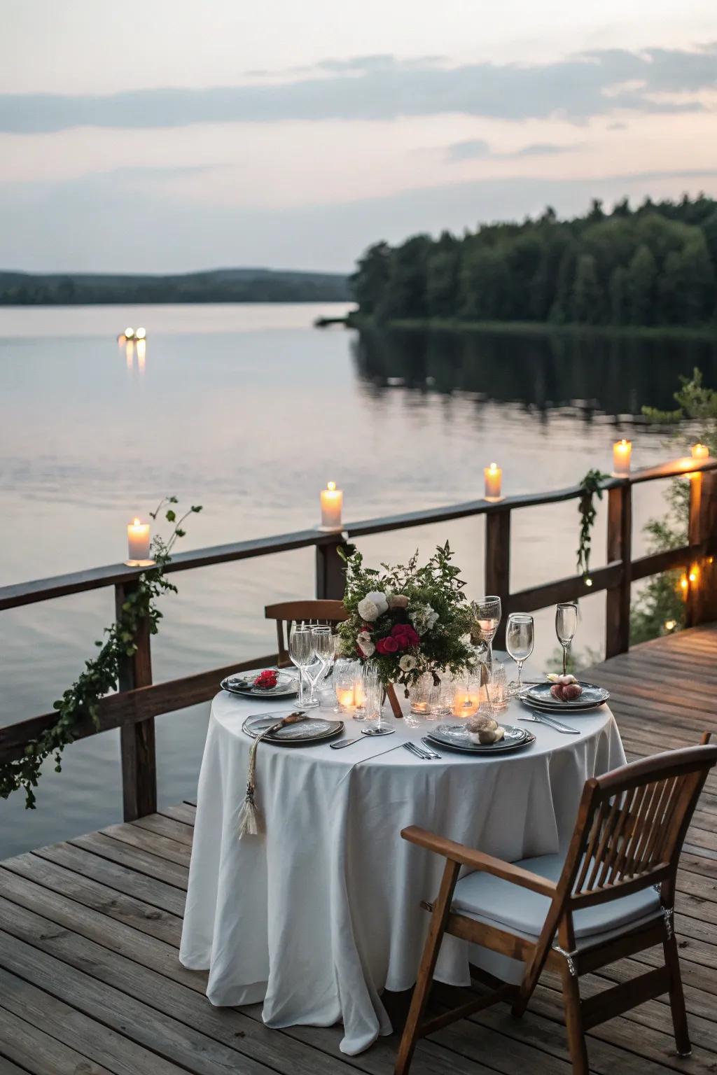 An inviting al fresco dining setup with a lake view.