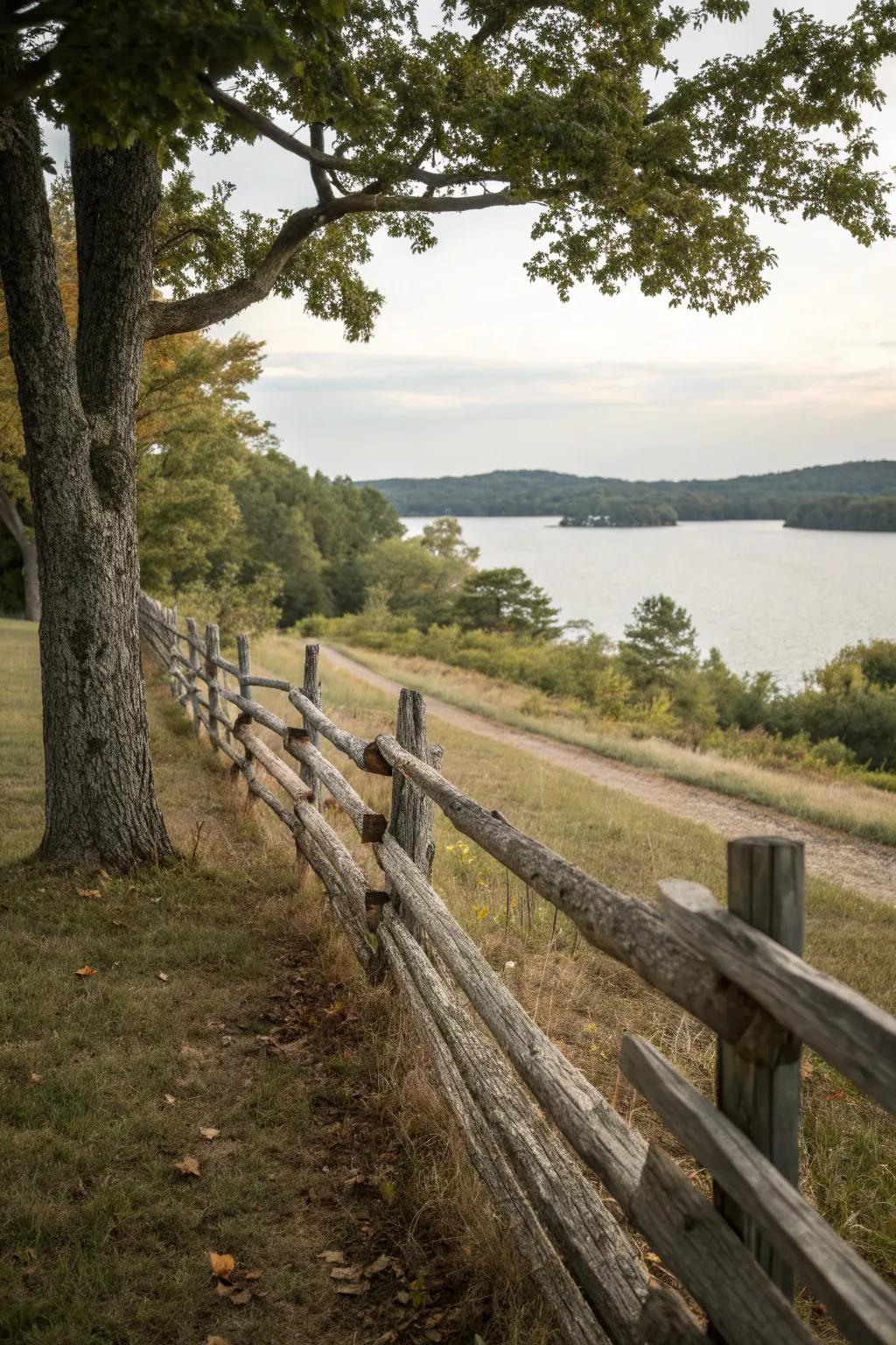 Rustic split-rail fence blending with the natural landscape.