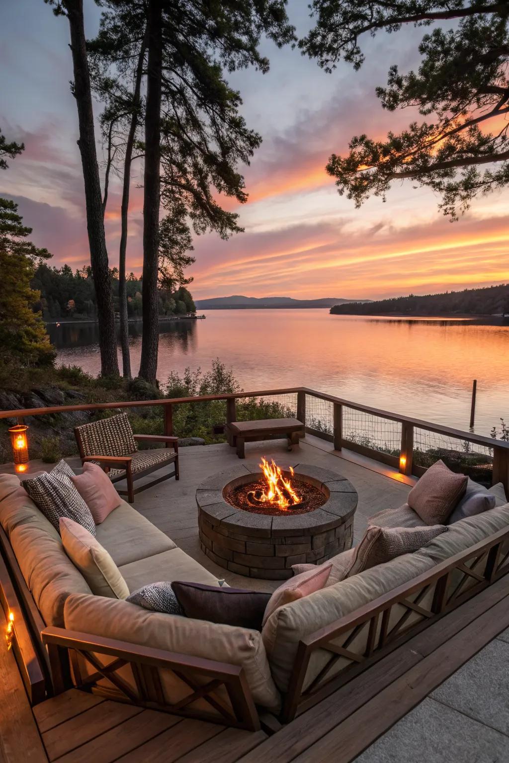 A fire pit offers a perfect spot for evening gatherings by the lake.