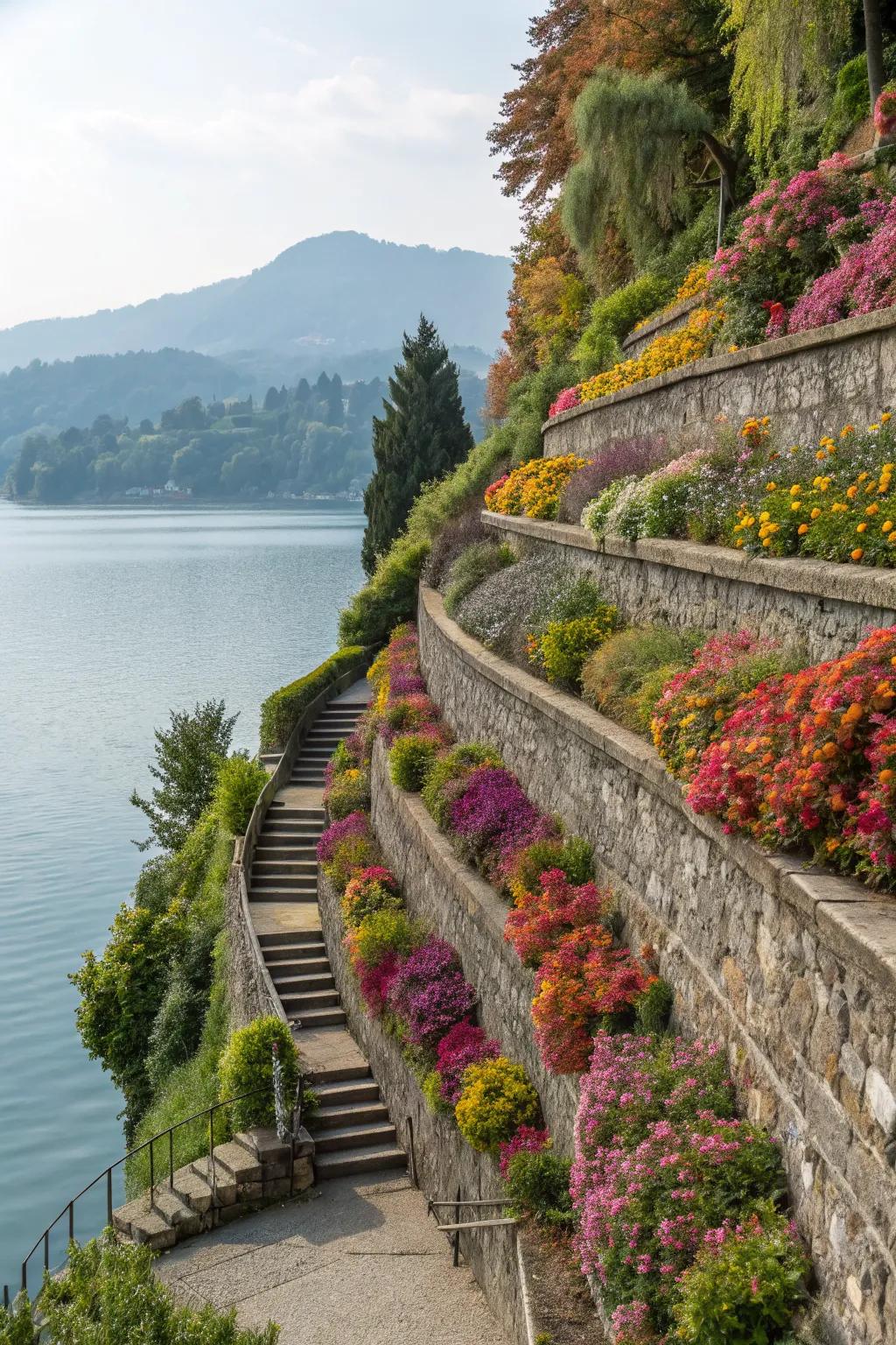 Terraced layers create a captivating landscape by the lake.