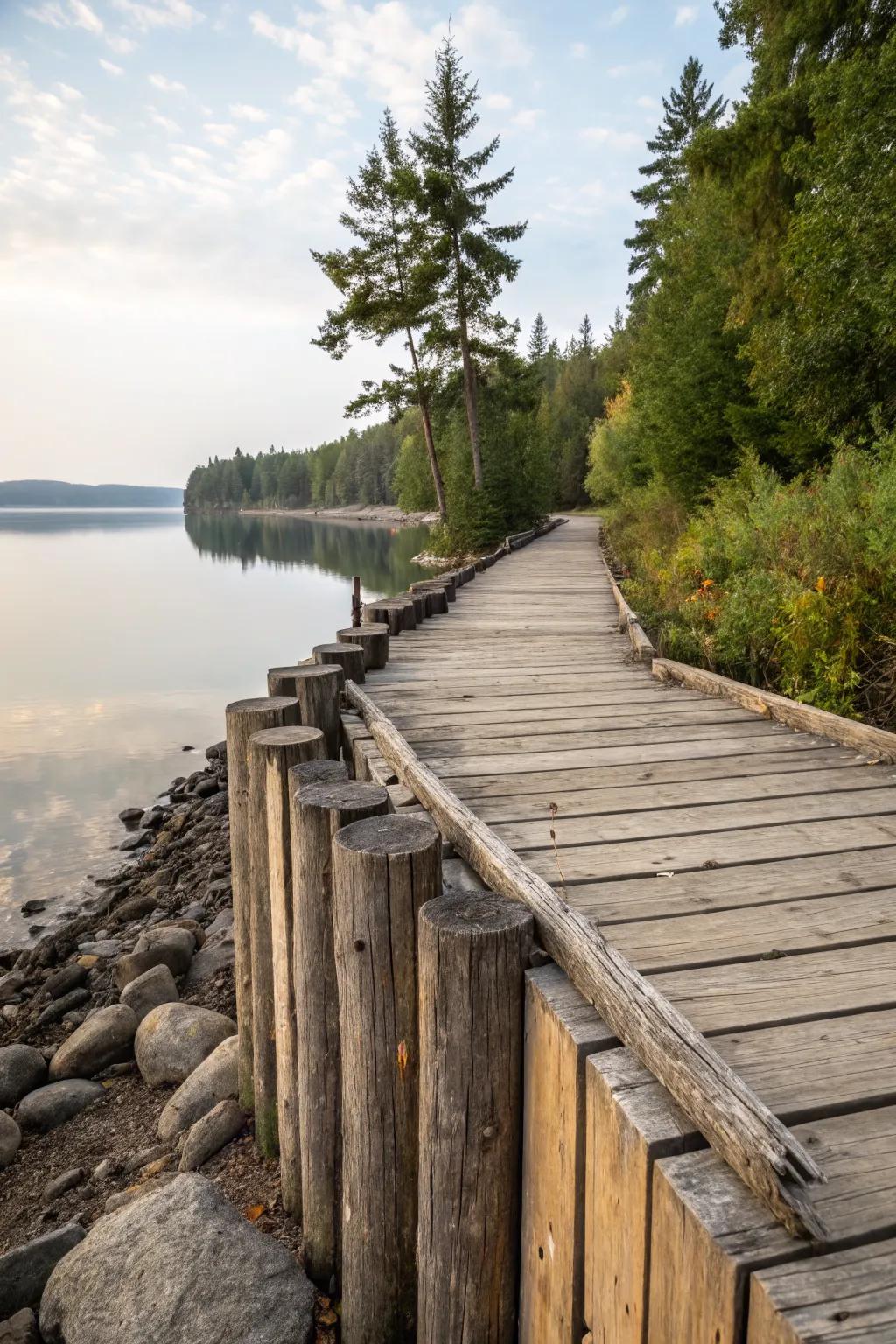 Wooden seawalls charm with their natural elegance and warmth.
