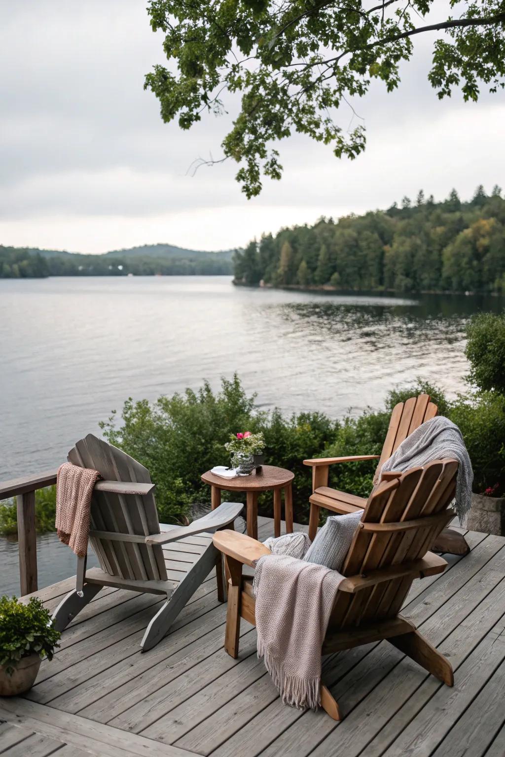 Adirondack chairs offering a comfortable seating area on a lakefront deck.