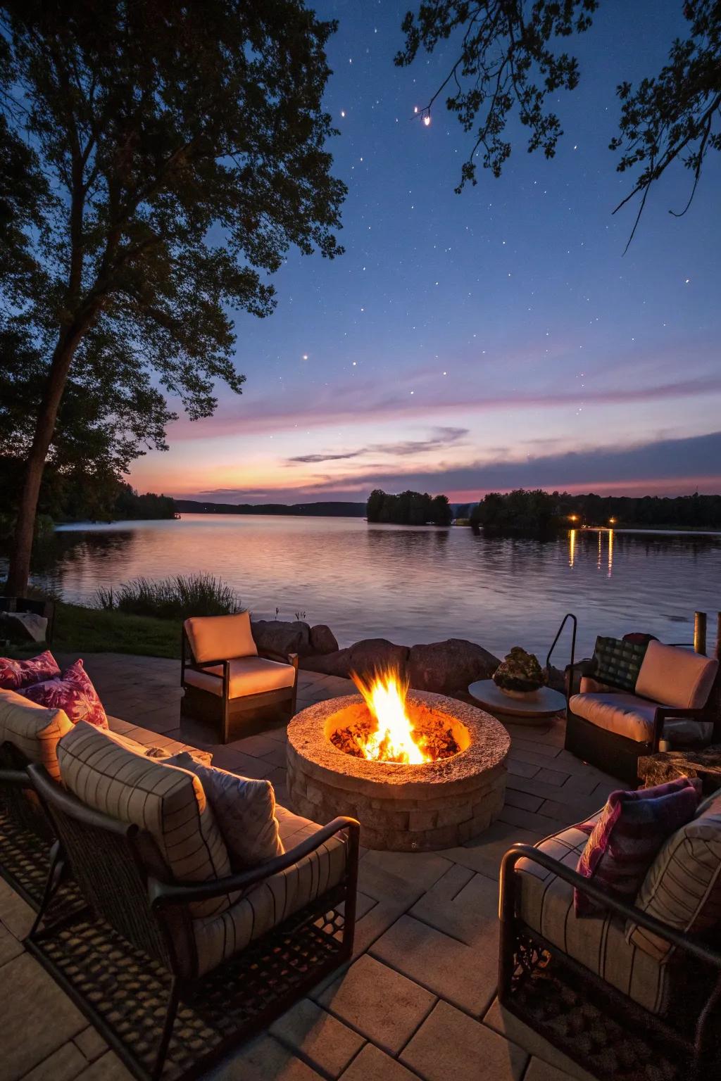 A fire pit area with comfortable seating, ideal for evening gatherings.