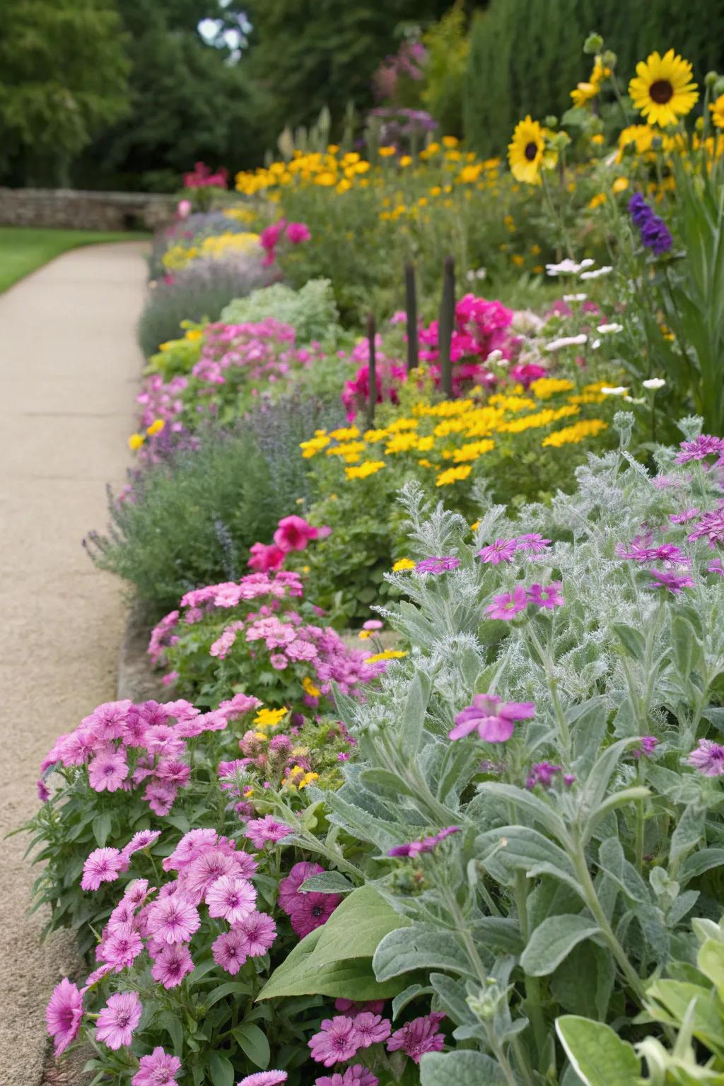 Vibrant flowers mixed with lamb's ear create a stunning garden bed.