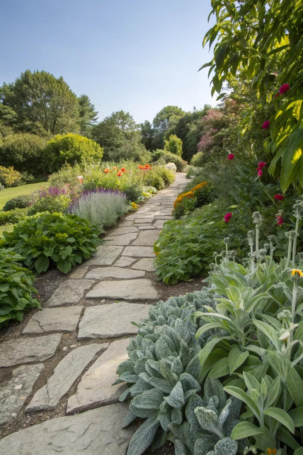 Elegant garden path bordered by the soft silver of lamb's ear.