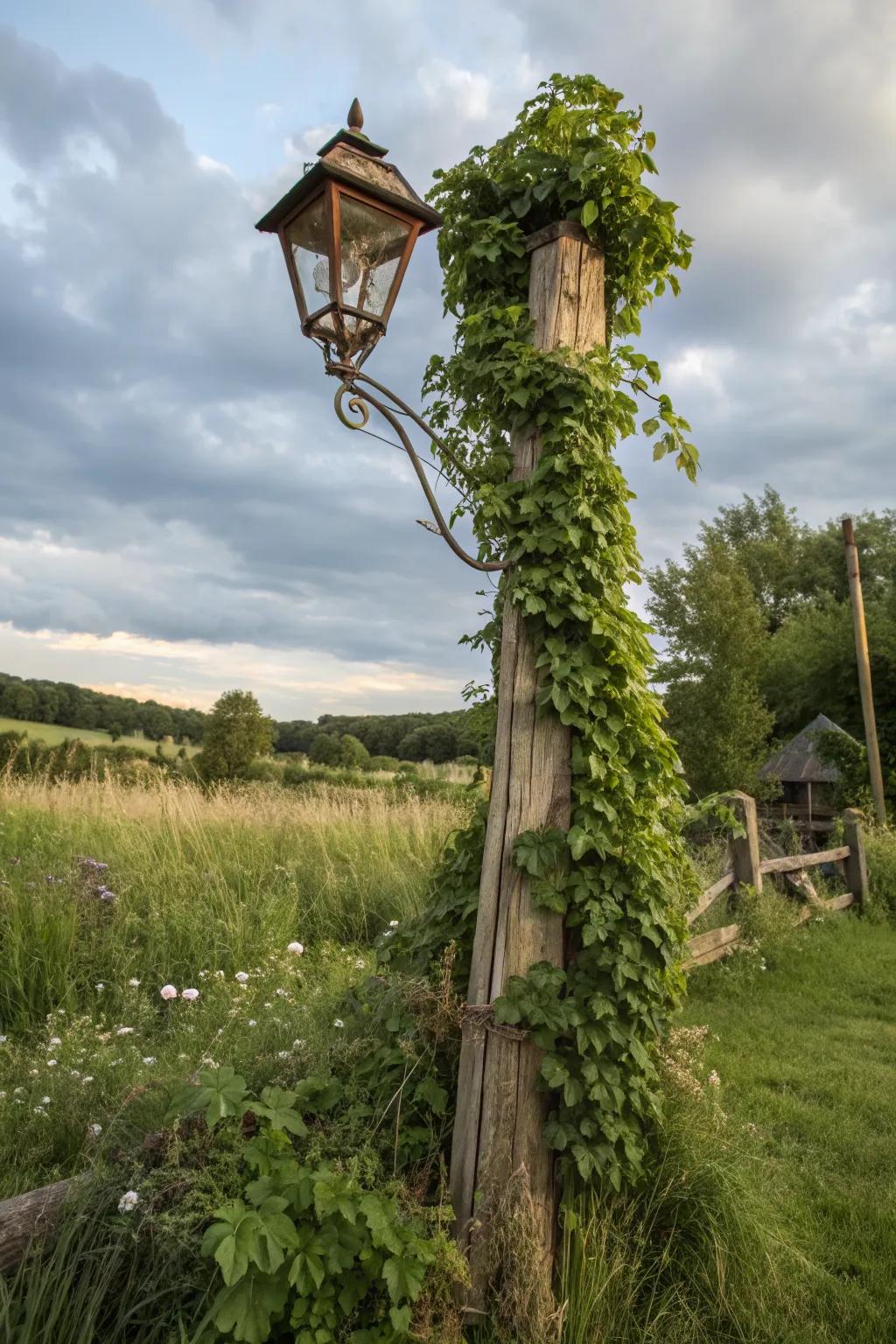 Wooden lamp posts add a rustic charm to any garden.