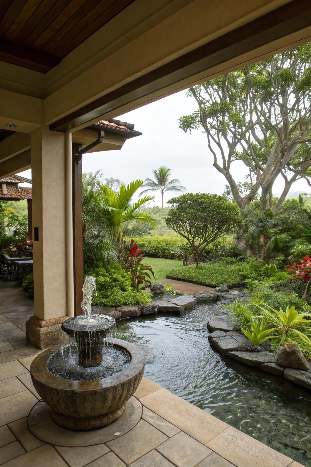 A tranquil lanai with a charming water feature surrounded by lush greenery.