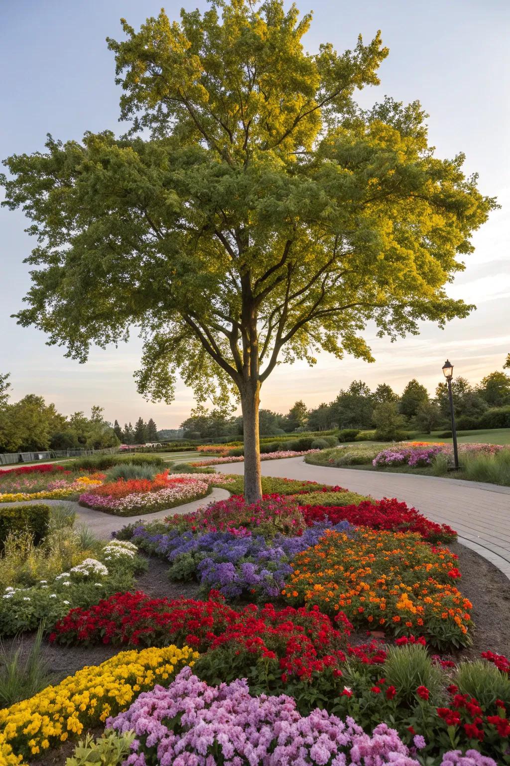 A kaleidoscope of flowers bringing vibrancy to a tree's base.