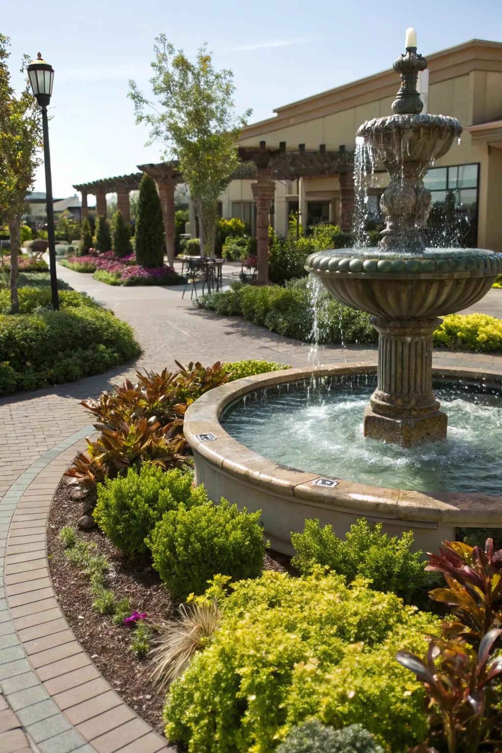 A decorative fountain adds a touch of tranquility to this commercial landscape.