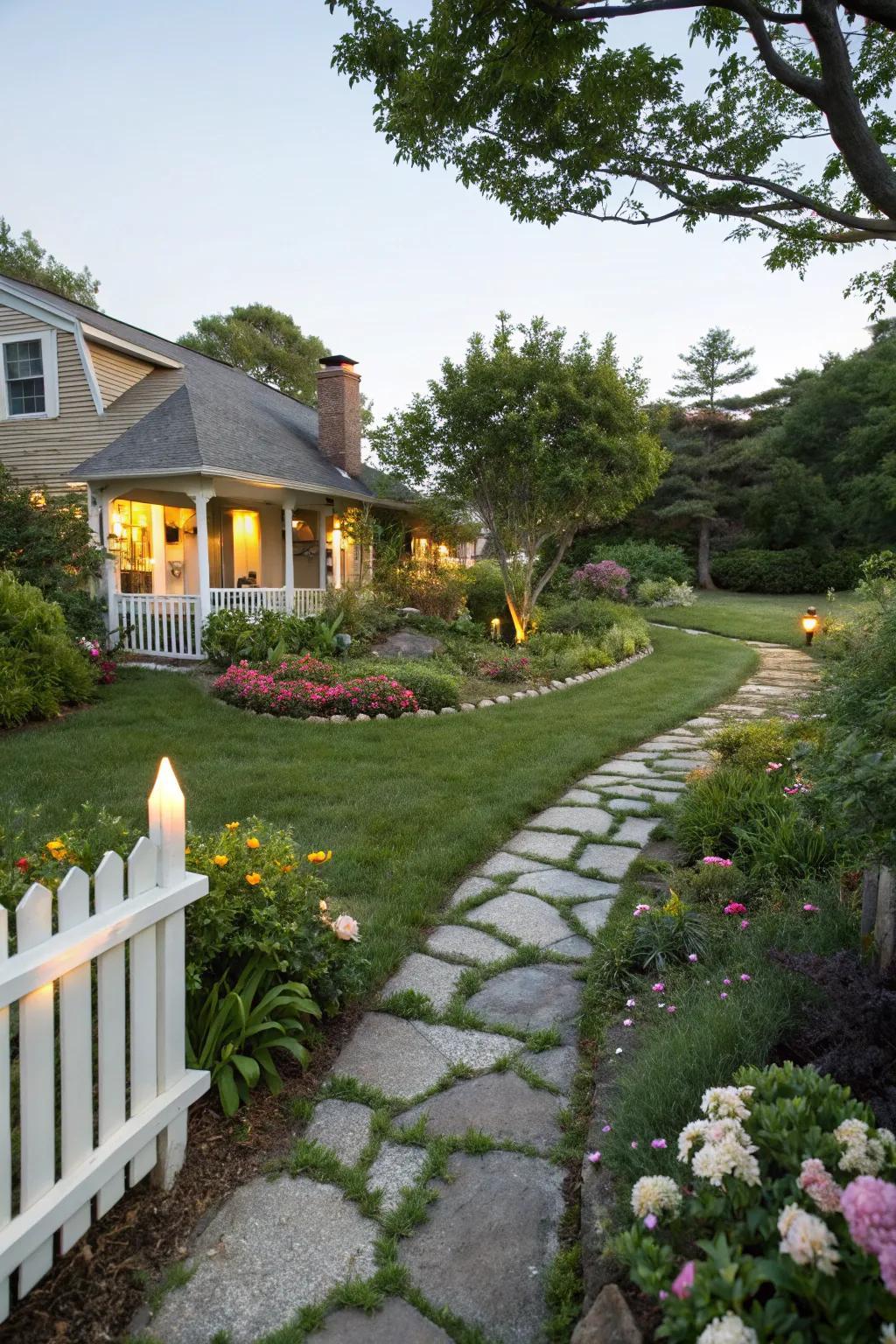 A charming stone pathway enhances the front yard's appeal