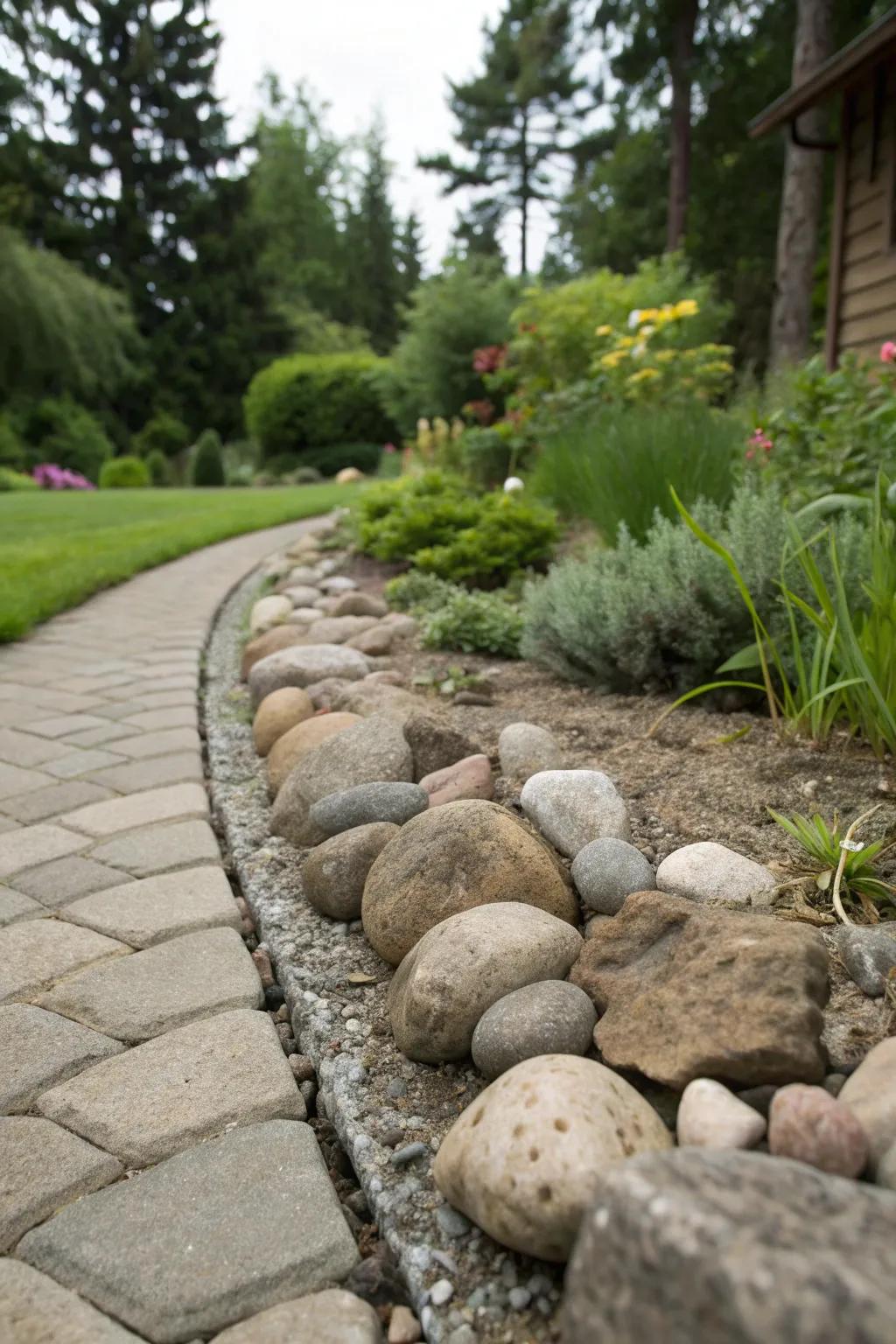 Mixed stone sizes for a textured garden border.
