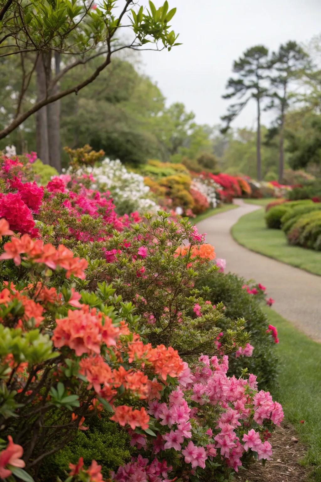 A diverse flower bed featuring Encore Azaleas and other perennials.
