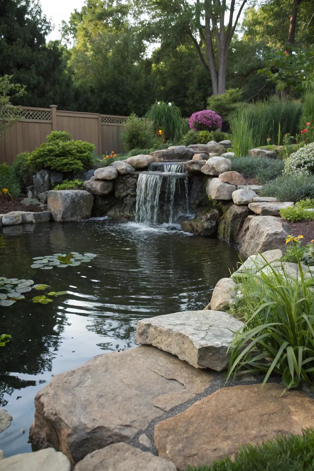 A tranquil pond with a cascading waterfall as a garden centerpiece.