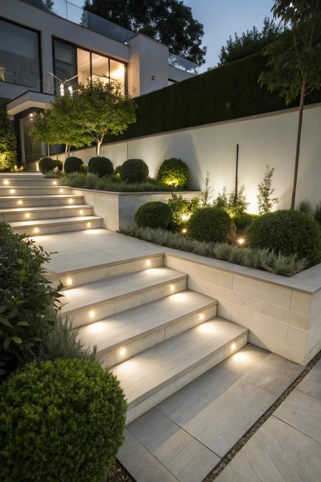 Minimalist concrete steps illuminated by soft garden lights.