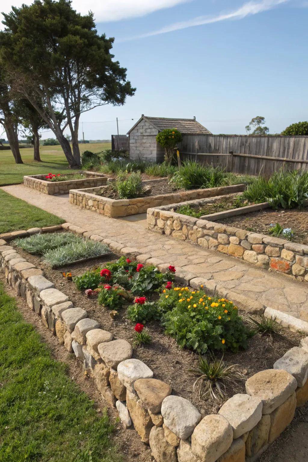 Decorative stone borders adding rustic charm while defining garden spaces.