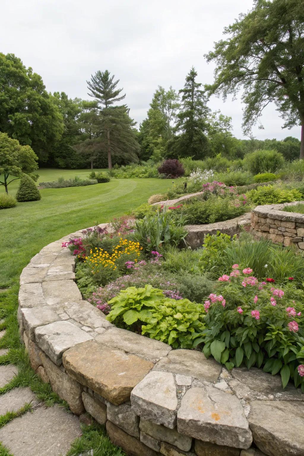 Natural stone borders offer a rustic yet refined look.