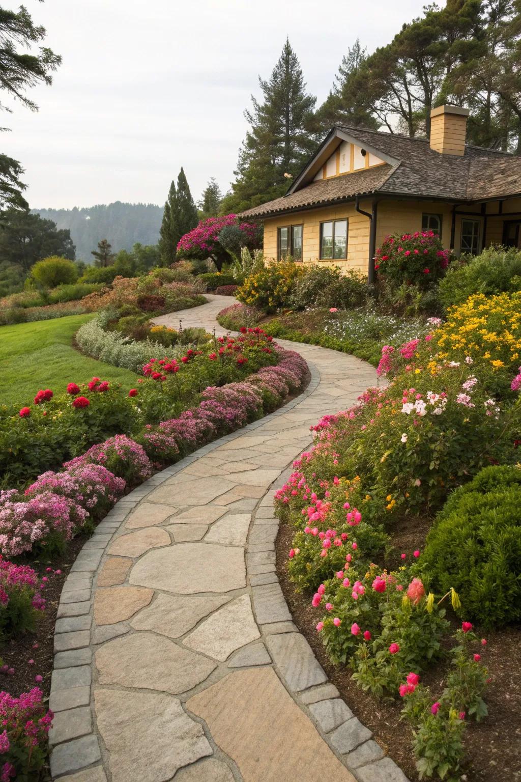 Inviting stone pathways weaving through colorful gardens.
