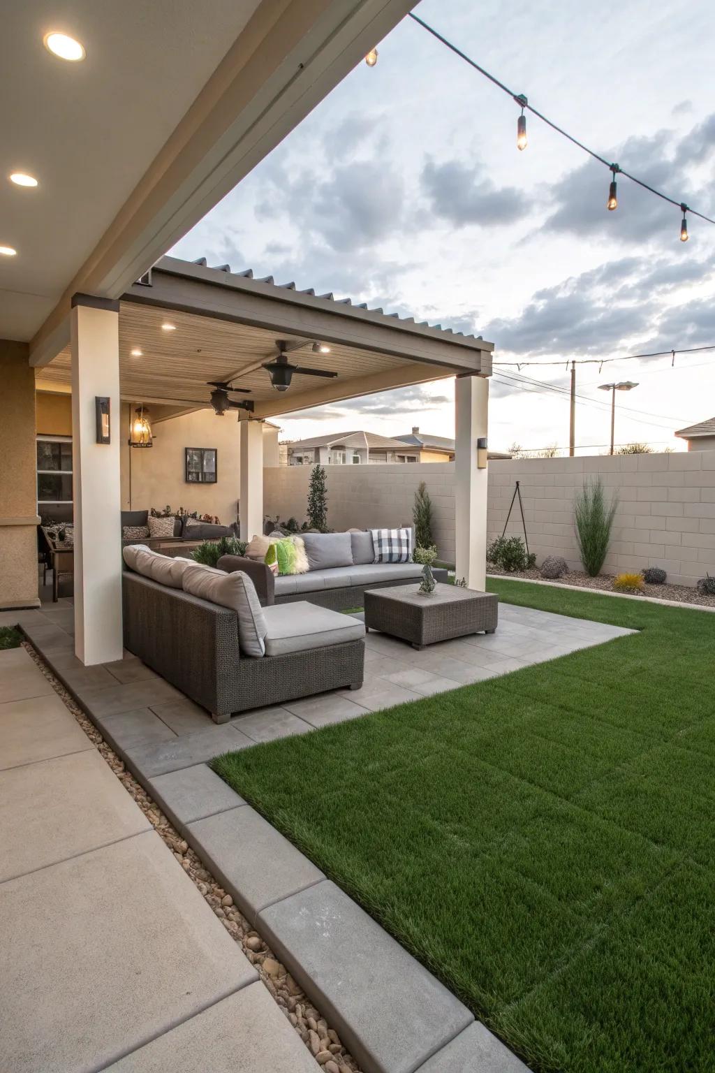 A modern lounge area with artificial grass and concrete, ideal for relaxation and entertainment.