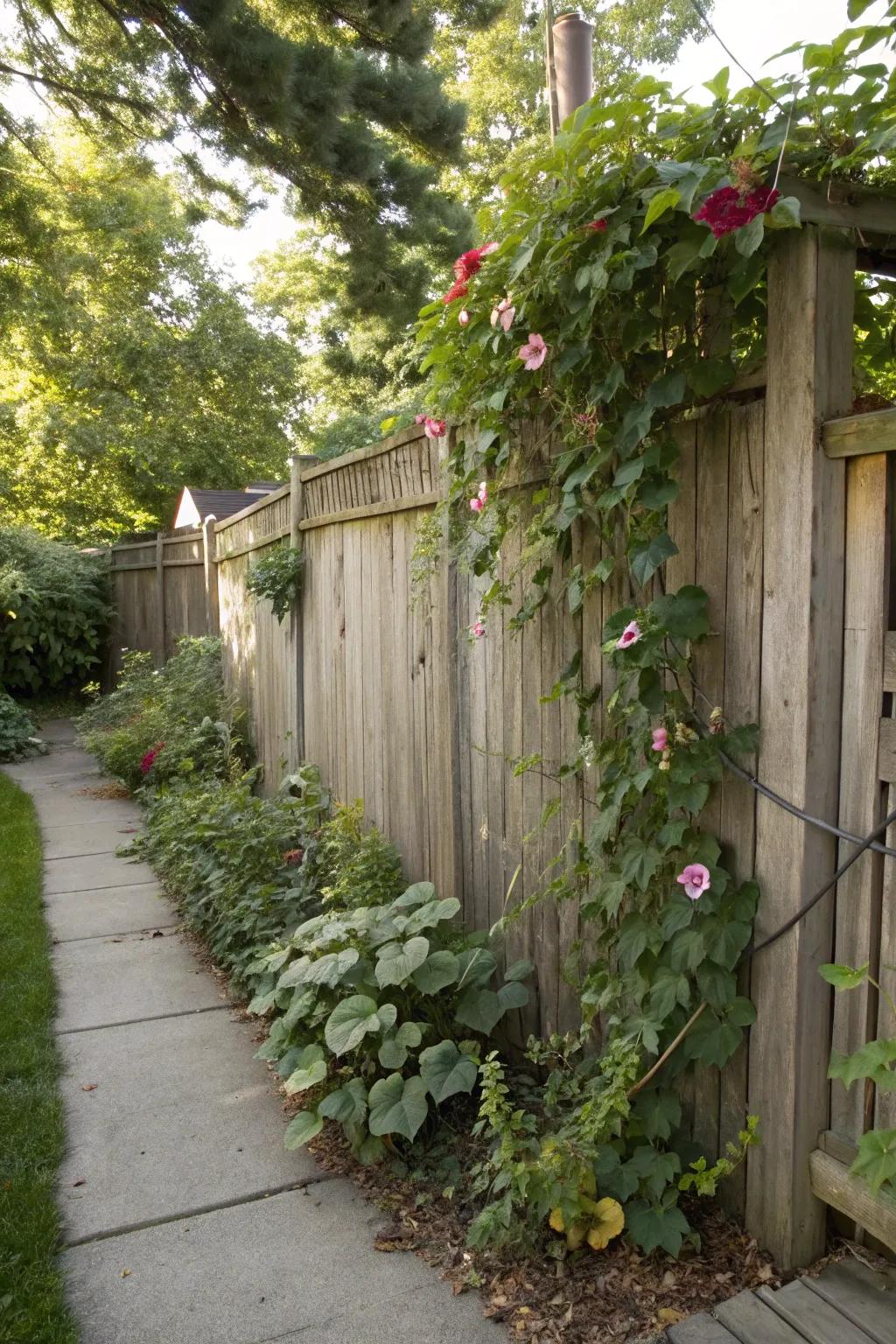A wooden fence paired with climbing plants creates an inviting and private corner.