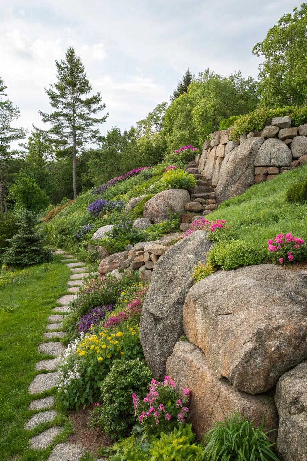 Stone features add natural beauty and stability to sloped landscapes.