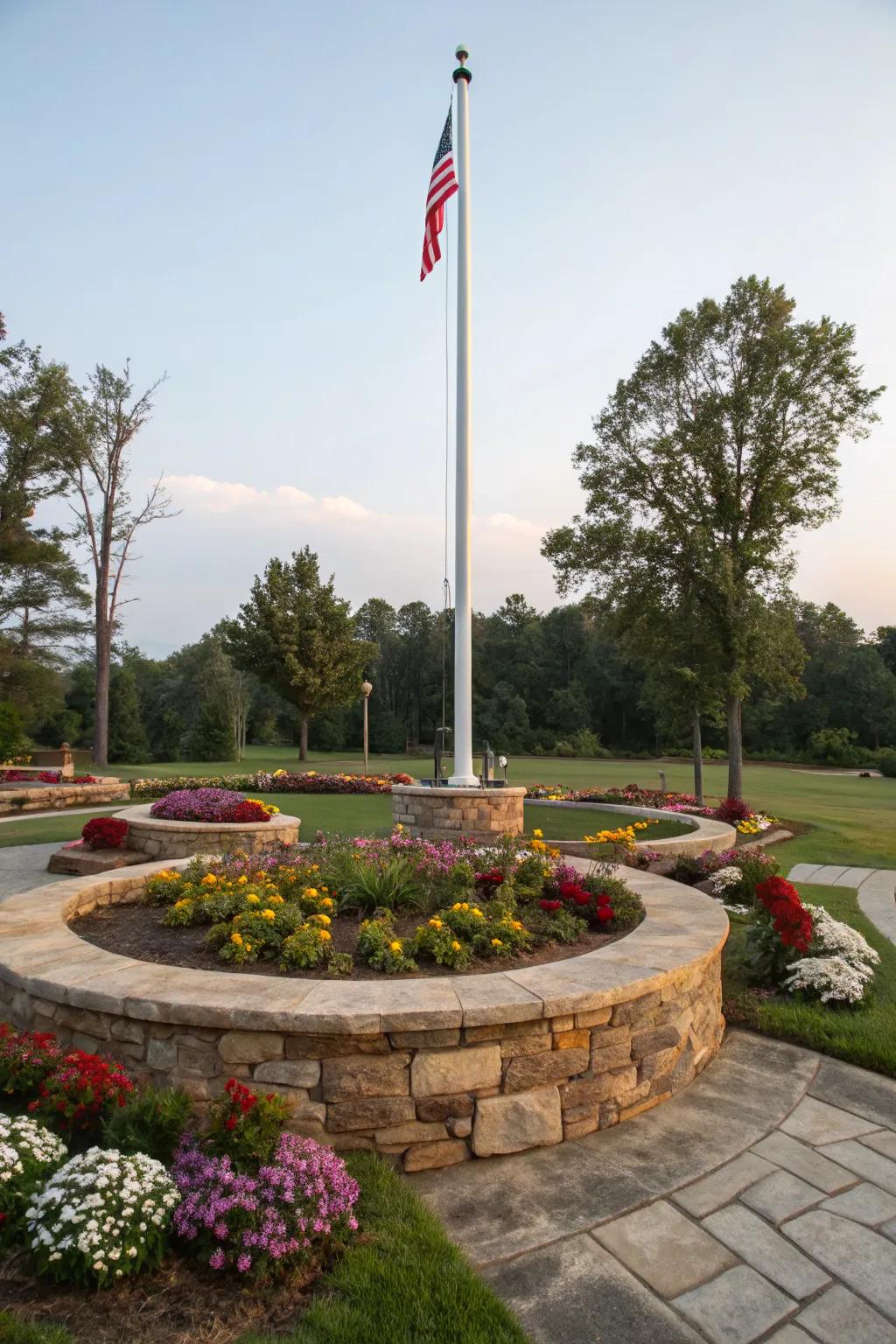 Stone borders provide a tidy and stylish finish around the flagpole.