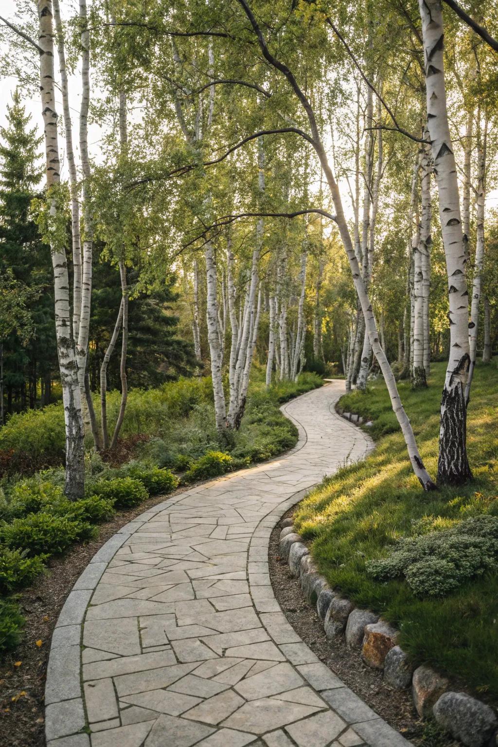 A stone pathway adds elegance and accessibility around your birch trees.