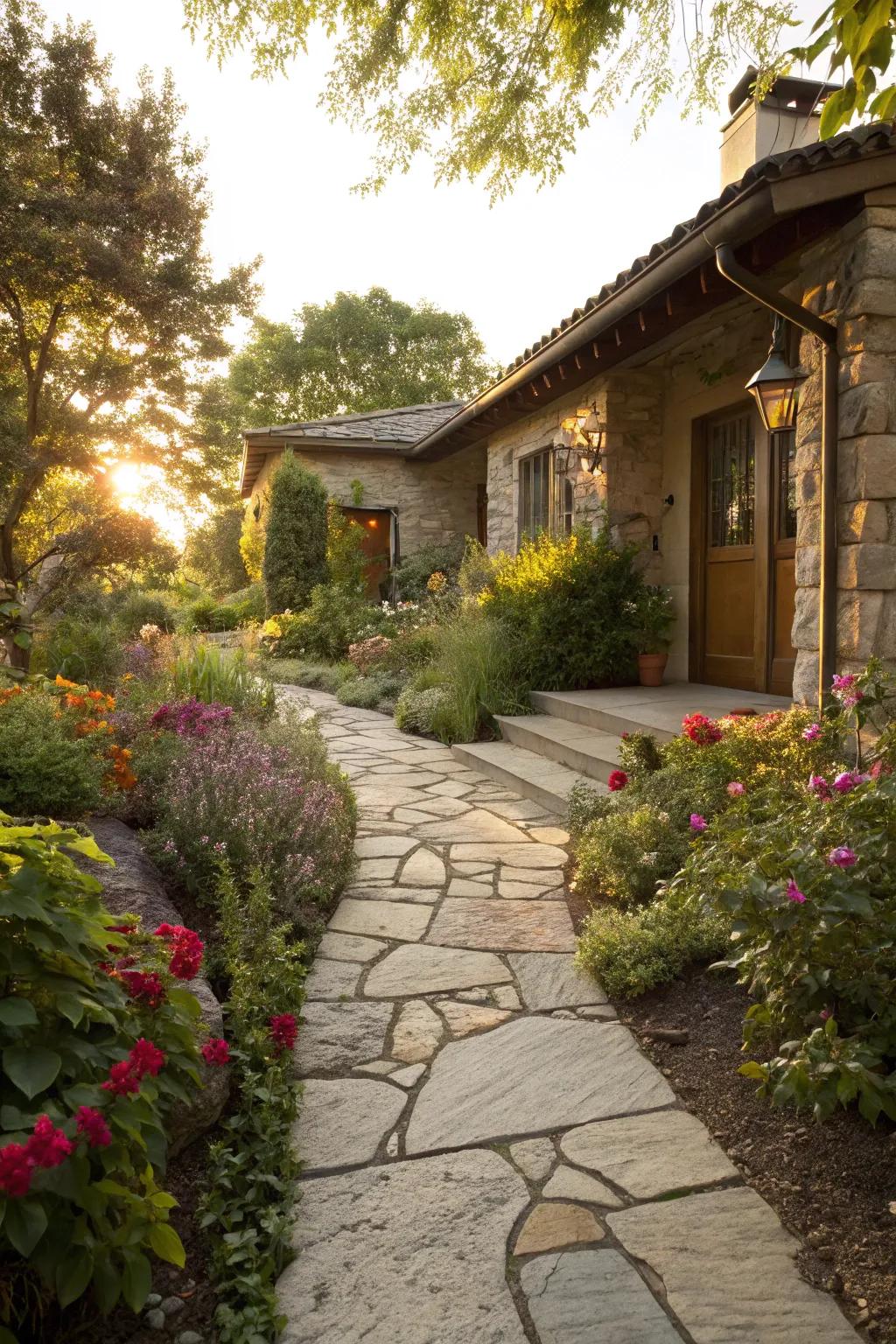 Structured pathways framed with plants create a welcoming entrance