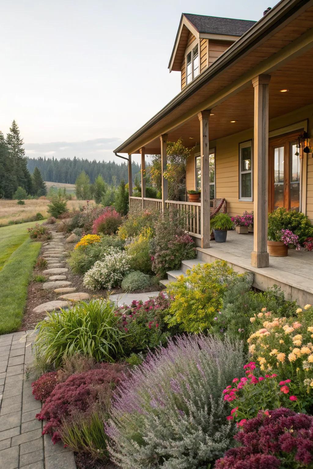 Varied plantings bring life and color to a ranch style home