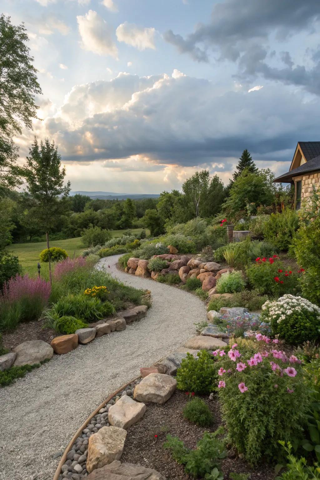 Gravel paths enhance the natural beauty of sandy soil gardens.
