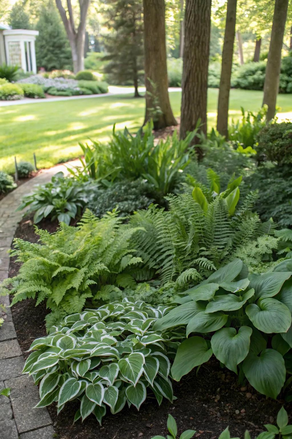 Ferns and hostas create a lush tapestry in shaded garden beds.