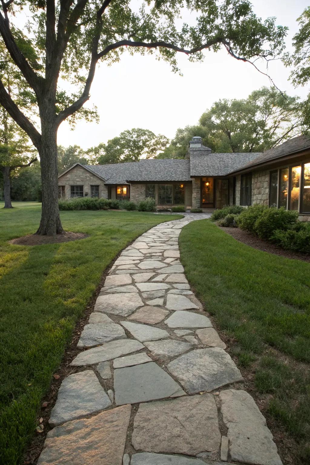A stone pathway enhances the entrance of this ranch home.