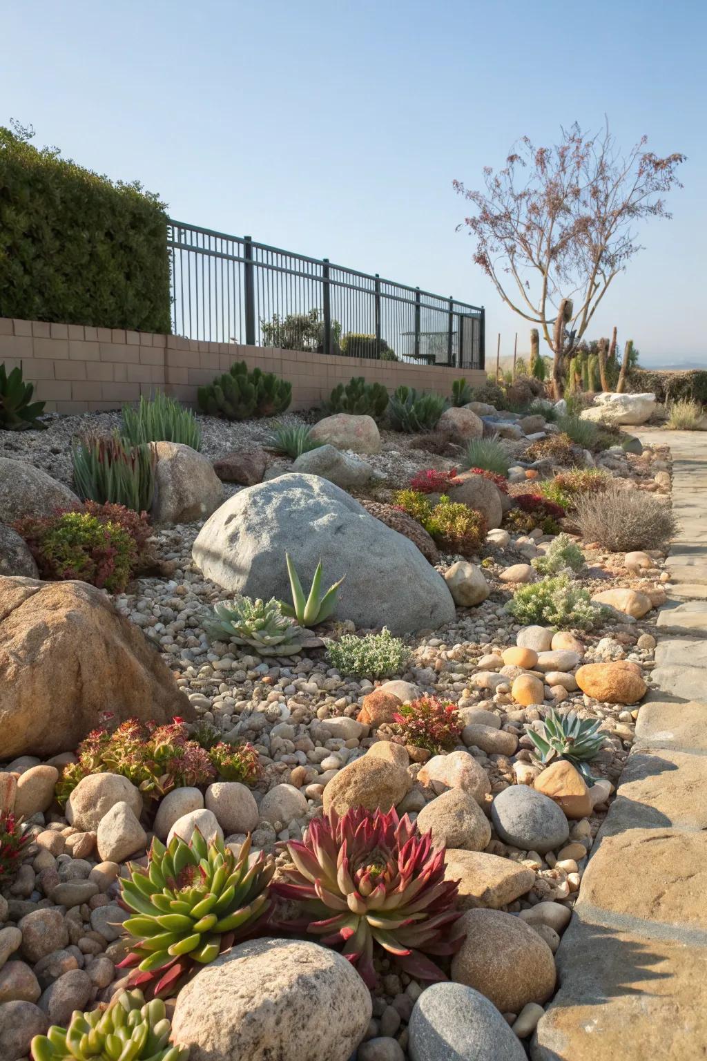 An elegant rock garden featuring a variety of stones and succulent plants.