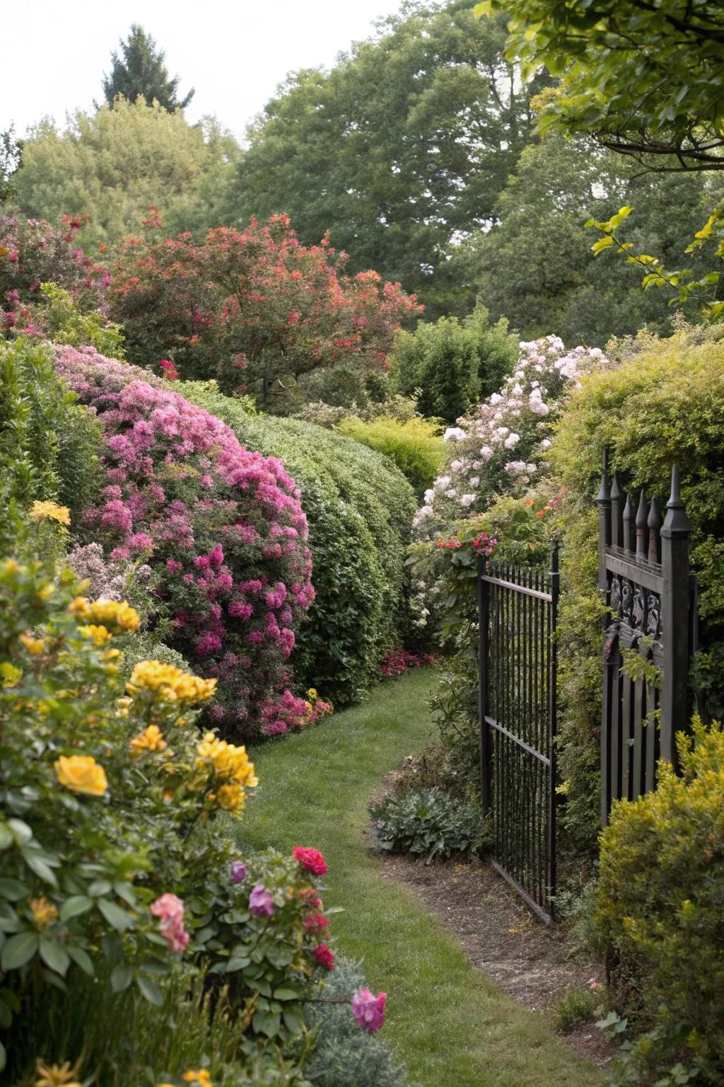 Dense shrubbery and vibrant bushes create a natural screen for the fence.