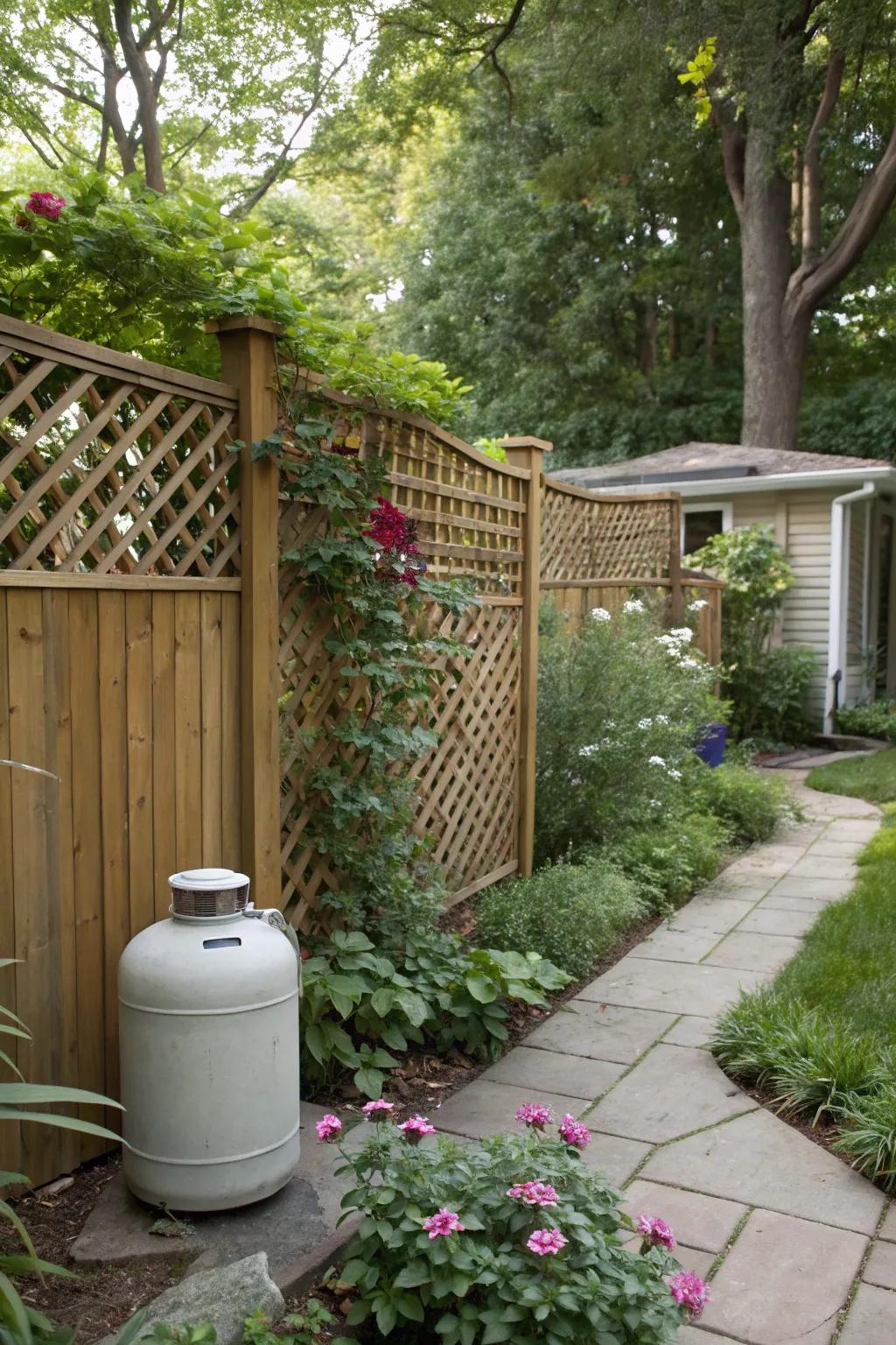 A stylish wooden fence effortlessly conceals the propane tank.