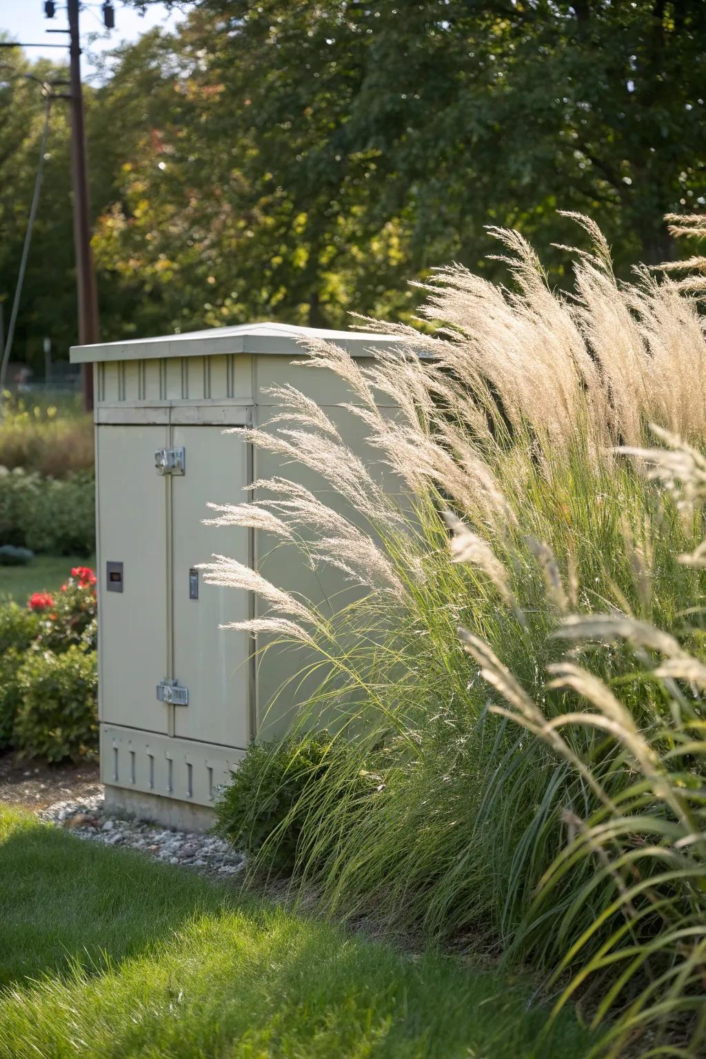 Ornamental grasses offer a natural and breezy screen for utility boxes.